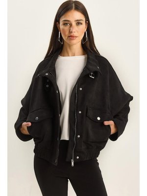 Siyah Dik Yaka Fermuarlı Cep Detaylı Astarlı Oversize Suni Süet Ceket