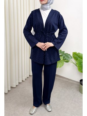 Lacivert Taş Detaylı Bağcıklı Kimono Takım