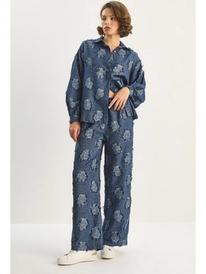 İndigo Oversize Gömlek Beli Lastikli Pantolon Saçaklı Dokuma Alt Üst Takım