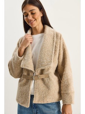 Bej Kemerli Astarlı Keçe Ceket Kaban