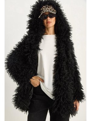 Siyah Çift Düğme Detaylı Kapüşonlu Astarlı Tibet Kaban