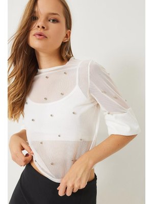 Beyaz Taş Baskılı Kısa Kollu Bisiklet Yaka Transparan Bluz