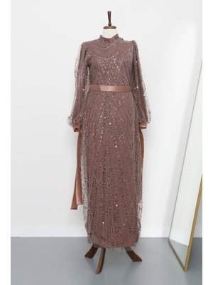 Vizon Boncuklu Payetli Kemerli Abiye Elbise