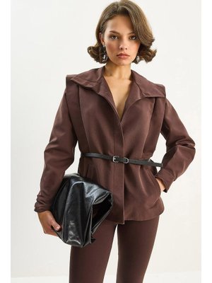 Acı Kahve Strüktürlü Omuz Detaylı Kemerli Astarlı Ceket