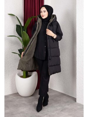 Çift Taraflı Kapüşonlu Haki Şişme Yelek