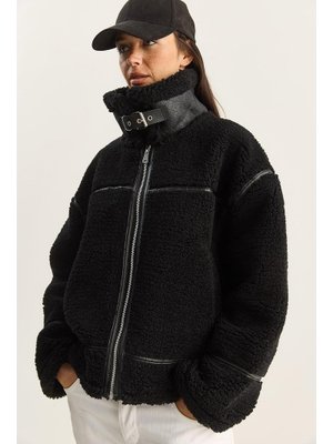 Siyah Suni Deri Biye Detaylı Cepli Teddy Biker Ceket