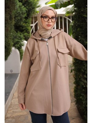 Vizon Kapüşonlu Fermuarlı Kaşe Ceket