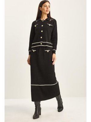 Siyah Gold Düğme Detaylı Uzun Etekli Triko Alt Üst Takım