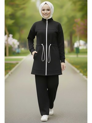 Sıyah Siyah Belde Lastik Detaylı Fermuarlı Cepli Modal İkili Takım