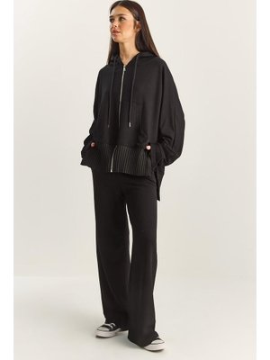 Siyah Ribanalı Oversize Kapüşonlu Fermuarlı Sweat Geniş Paça Comfort Pantolon Takım