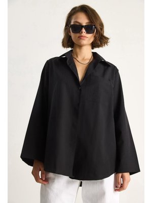 Siyah Geniş Kollu Tek Cep Detaylı Oversize Basic Poplin Gömlek