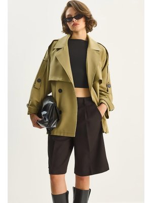 Çağla Yeşili Aller Detaylı Kuşaklı Cepli Astarlı Trençkot
