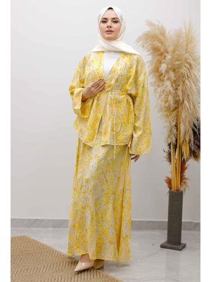 Sarı Desenli İp Bağlamalı Etekli Takım