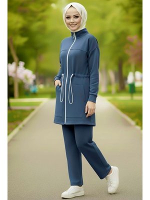Lacıvert Lacivert Belde Lastik Detaylı Fermuarlı Cepli Modal İkili Takım