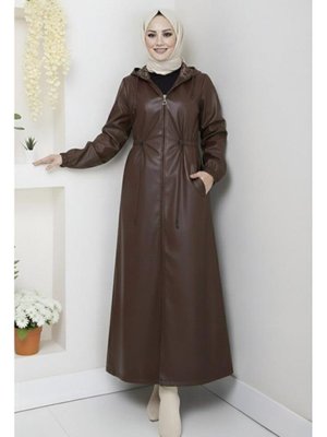 Kapüşonlu Fermuarlı İçi Şardonlu Kahverengi Deri Kap