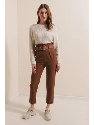 Kahverengi Kemerli Kumaş Pantolon