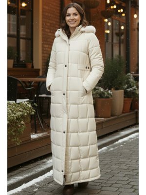 Taş Rengi Kapüşonlu Kapitone Mont