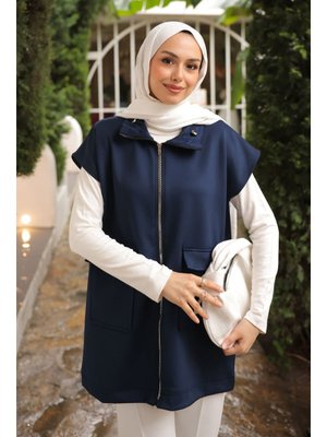 Lacivert Yakası Ve Beli Stoper Lastikli Cepli Scuba Yelek