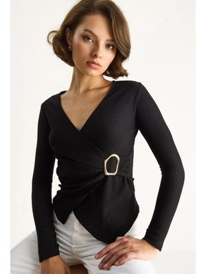 Siyah Kruvaze Yaka Gold Toka Detaylı Uzun Kollu Bluz