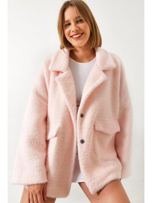 Pembe Çift Cepli Oversize Peluş Mont