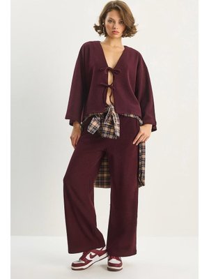 Bordo Bağlama Detaylı Kimono Yüksek Bel Bol Pantolon Selanik Takım
