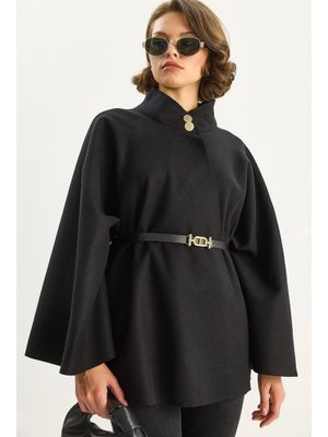 Siyah Gold Düğme Detaylı Dik Yaka Kemerli Panço