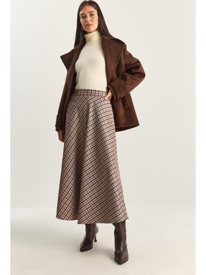 Kahve Ekose Desenli Uzun Etek