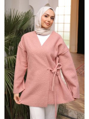 Gül Kurusu Yan Bağlamalı Buklet Kimono Ceket