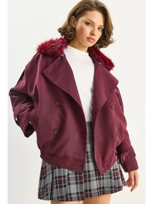 Bordo Beli Lastikli Cep Detaylı Çıkarılabilir Kürk Yaka Astarlı Kısa Trençkot