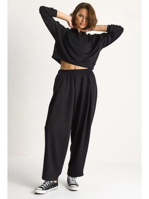 Siyah Yumuşuk Dokulu Polo Yaka Kısa Sweat Şalvar Viskon Dalgıç Takım