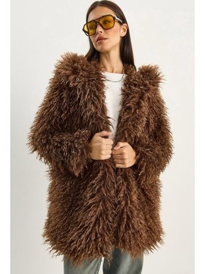 Kahverengi Çift Düğme Detaylı Kapüşonlu Astarlı Tibet Kaban