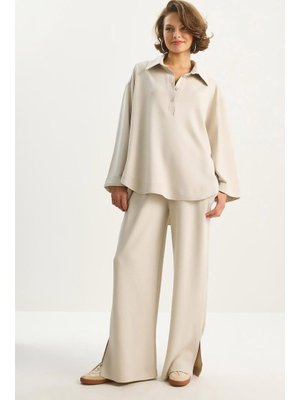 Taş Düğme Detaylı Polo Yaka Rahat Kesim Modal Alt Üst Takım