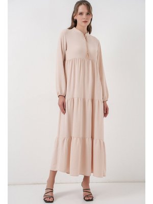 C. Bej Yaka Bağcıklı Elbise