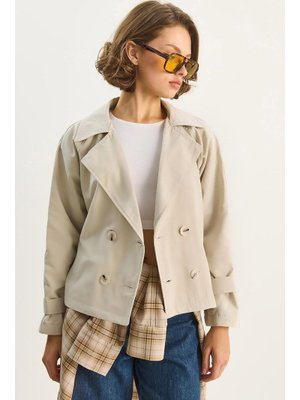 Taş Kruvaz Yake Aller Detaylı Astarlı Kısa Trençkot