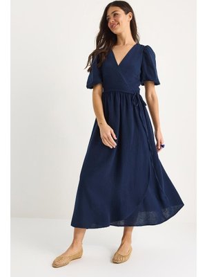 Lacivert Kruvaze Kapamalı Balon Kollu Uzun Müslin Elbise