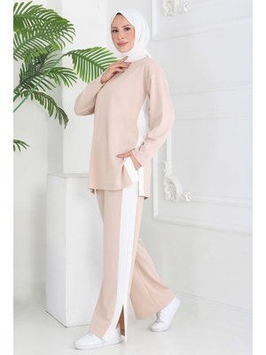 Krem Garnili Yırtmaçlı Modal İkili Takım