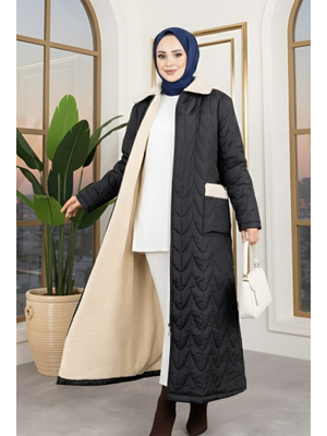 İçi Tam Kürklü Cepli Siyah Kapitone Mont