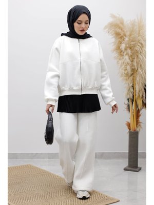 Beyaz Fermuarlı Şardonlu Eşofman Takım