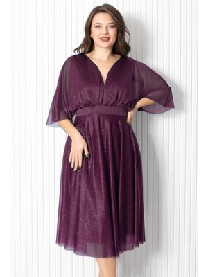 Mürdüm Simli Tül Abiye Elbise