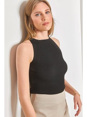 Siyah Fitilli Sıfır Kol Bluz