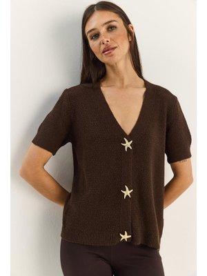 Kahverengi Deniz Yıldızı Aksesuarlı Pirinç Örgü Kısa Kollu Triko Hırka