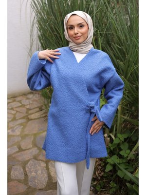 İndigo Yan Bağlamalı Buklet Kimono Ceket