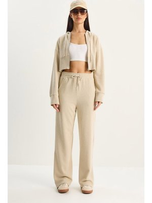 Bej Fitilli Örme Kumaş Rahat Kalıp Kapüşonlu Fermuarlı Alt Üst Takım