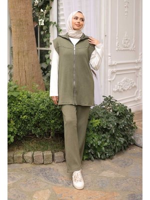 Haki Fitilli Yelek Tunik Pantolonlu Üçlü Takım