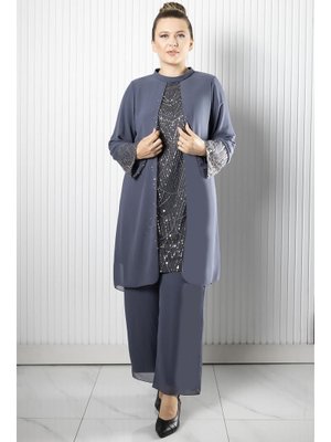Gri Taş Payet İşlemeli Şifon Pantolon Tunik Takım