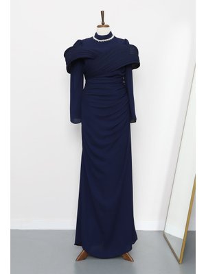 Lacivert Yakası Taş Detaylı Omuzu Kat Drapeli Abiye Elbise
