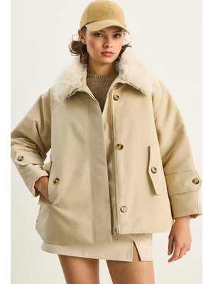 Taş Çıkarılabilir Kürk Yaka Su İtici Özellikli Şişme Kaban