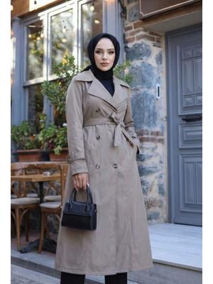 İçi Astarlı Kuşaklı Düğmeli Bej Bondit Trençkot