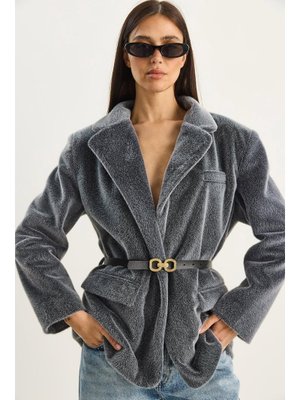 Füme Cep Detaylı Astarlı Kemerli Peluş Dokulu Blazer Ceket