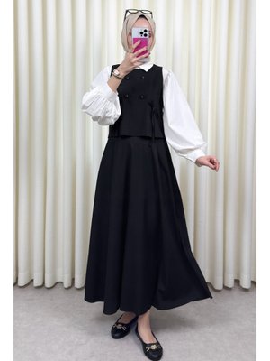 Siyah Düğme Detaylı Yelekli Takım